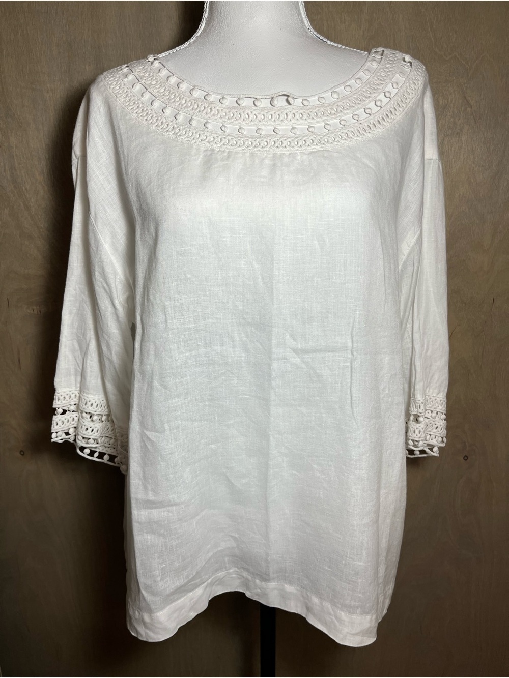 J. Jill Crochet Lace Edge Boho White Linen Boxy  Blouse Top L - Picture 7 of 7